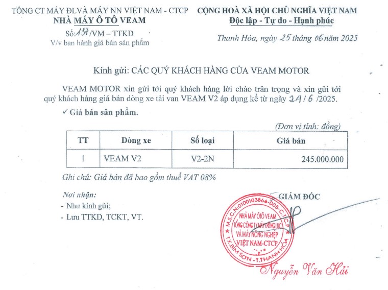 Bảng giá xe tải van Veam V2 công bố chính thức từ nhà máy